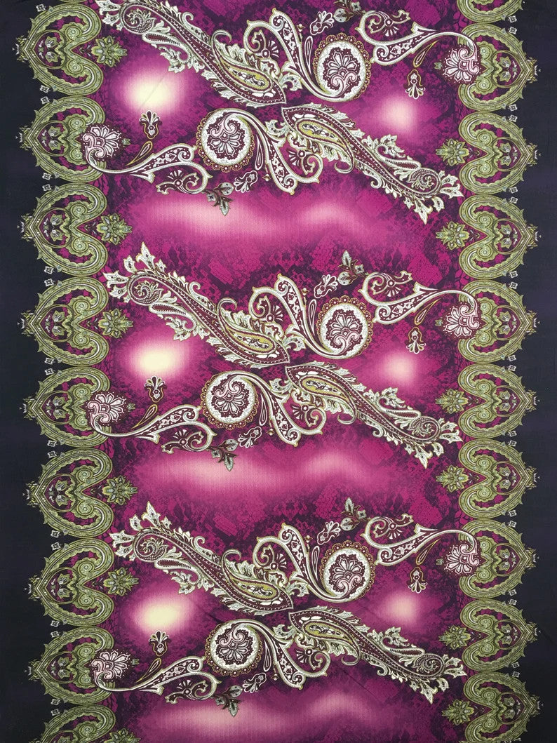 Polyester ITY Matte Jersey Spandex Fabric - Big Paisley Design, Brown, Purple, 58" Width