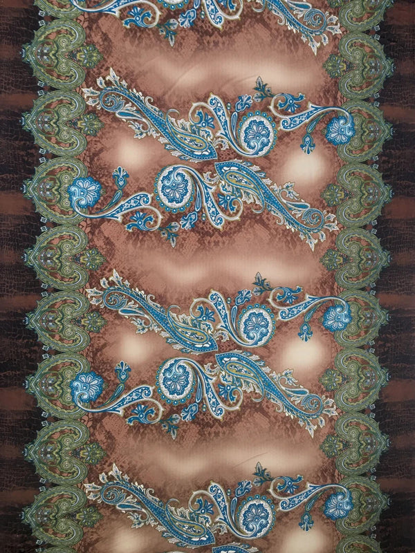 Polyester ITY Matte Jersey Spandex Fabric - Big Paisley Design, Brown, Purple, 58" Width