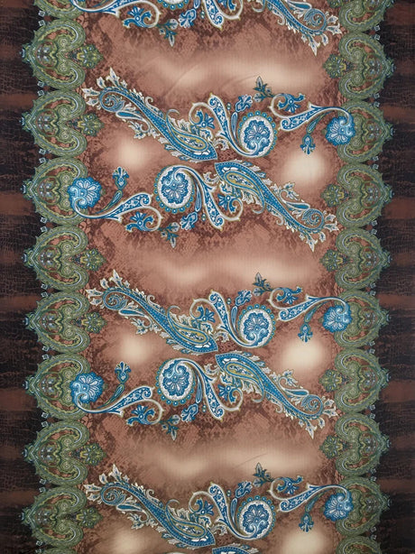 Polyester ITY Matte Jersey Spandex Fabric - Big Paisley Design, Brown, Purple, 58" Width