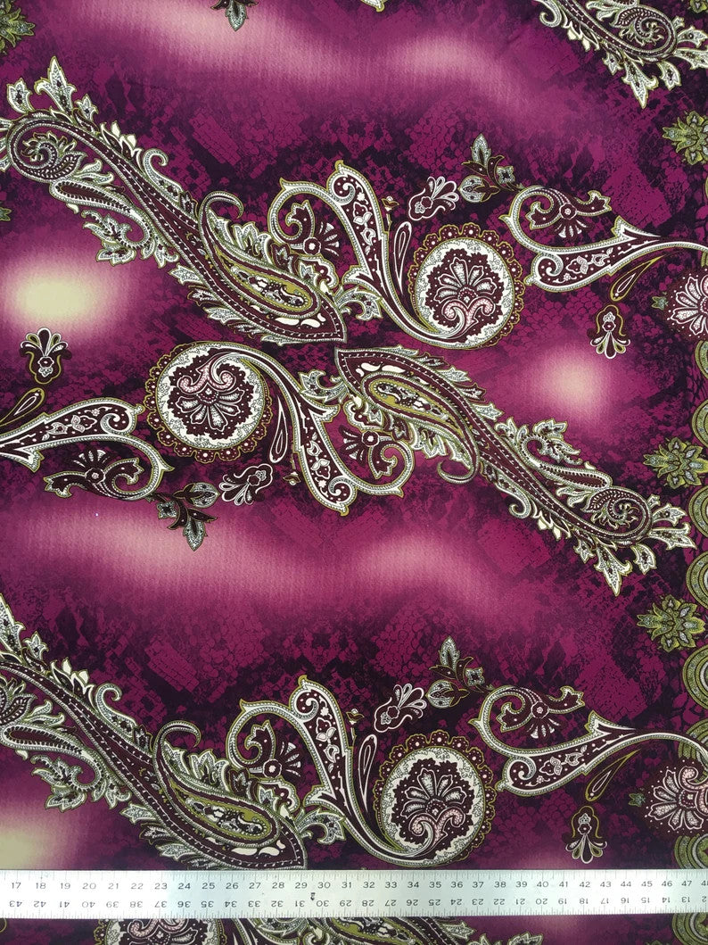 Polyester ITY Matte Jersey Spandex Fabric - Big Paisley Design, Brown, Purple, 58" Width