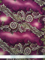 Polyester ITY Matte Jersey Spandex Fabric - Big Paisley Design, Brown, Purple, 58" Width