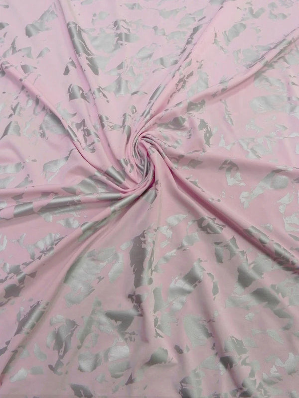 Single Span Polyester Spandex Fabric - Dull Pink And Silver Foil Design, 58"- 60" Width