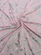 Single Span Polyester Spandex Fabric - Dull Pink And Silver Foil Design, 58"- 60" Width