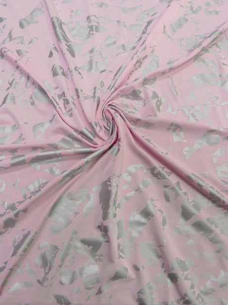 Single Span Polyester Spandex Fabric - Dull Pink And Silver Foil Design, 58"- 60" Width
