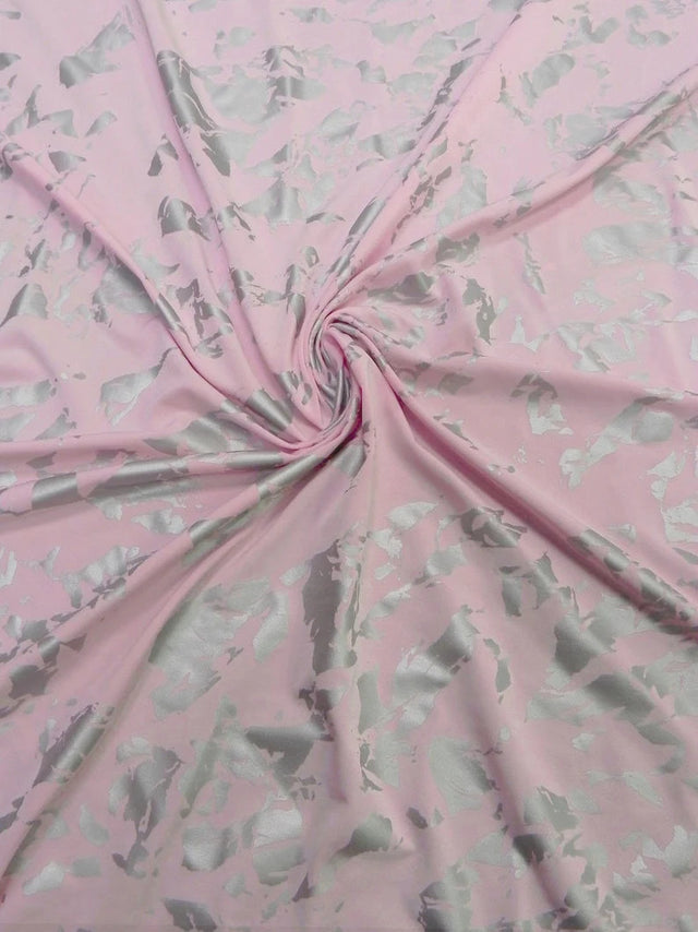 Single Span Polyester Spandex Fabric - Dull Pink And Silver Foil Design, 58"- 60" Width