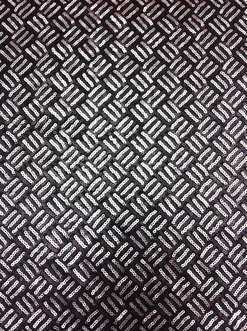 3Mm Silver And Black Matte Sequins Basket Pattern Stretch Poly Spandex Fabric - Silver/Black Basket Pattern, 56"-58" Width