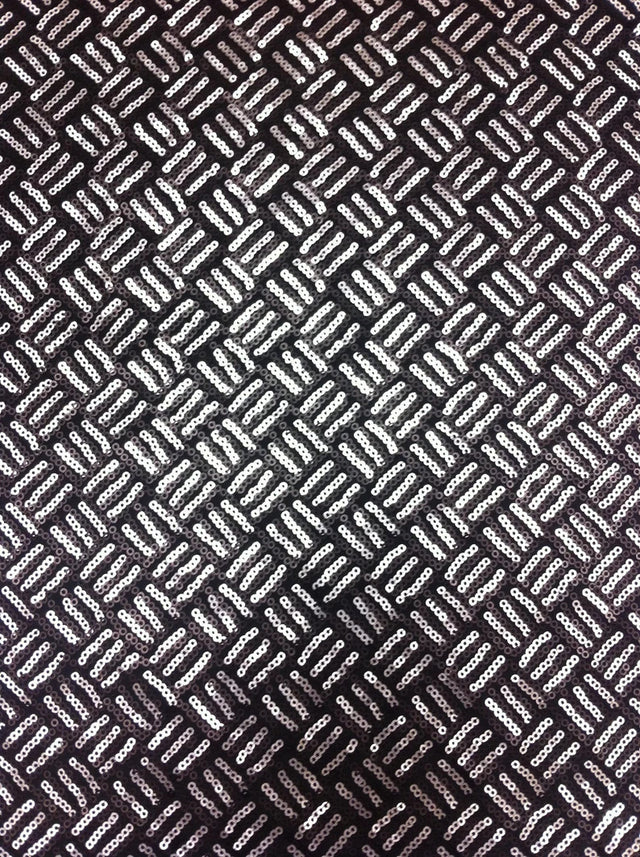 3Mm Silver And Black Matte Sequins Basket Pattern Stretch Poly Spandex Fabric - Silver/Black Basket Pattern, 56"-58" Width