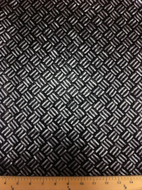 3Mm Silver And Black Matte Sequins Basket Pattern Stretch Poly Spandex Fabric - Silver/Black Basket Pattern, 56"-58" Width