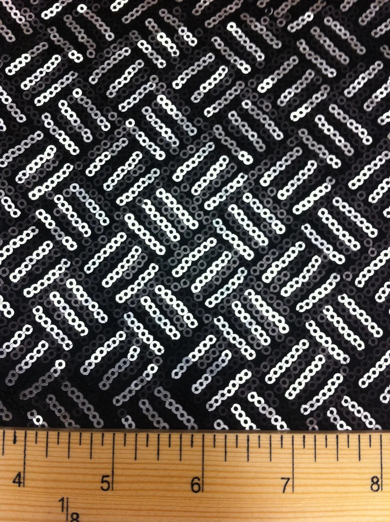 3Mm Silver And Black Matte Sequins Basket Pattern Stretch Poly Spandex Fabric - Silver/Black Basket Pattern, 56"-58" Width