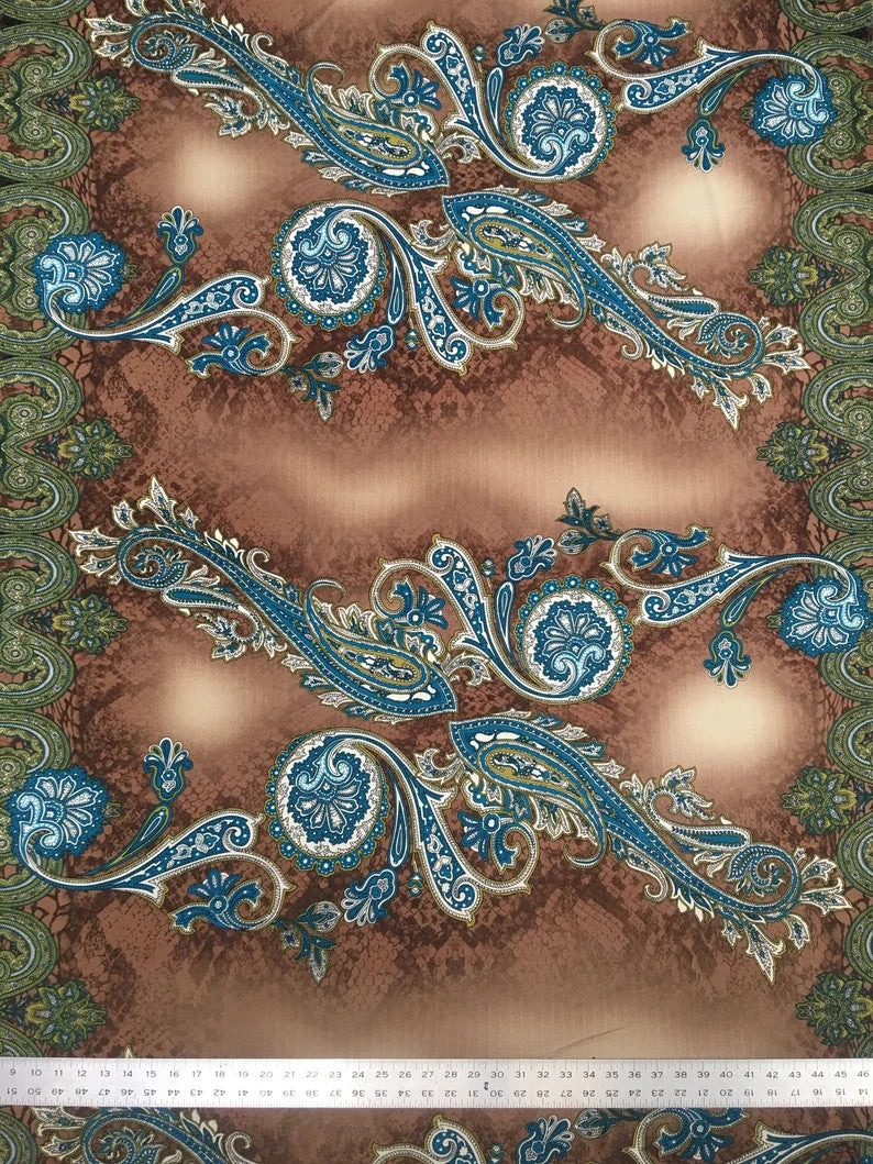 Polyester ITY Matte Jersey Spandex Fabric - Big Paisley Design, Brown, Purple, 58" Width