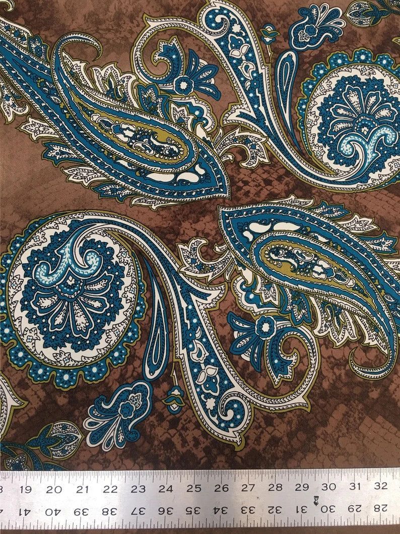 Polyester ITY Matte Jersey Spandex Fabric - Big Paisley Design, Brown, Purple, 58" Width
