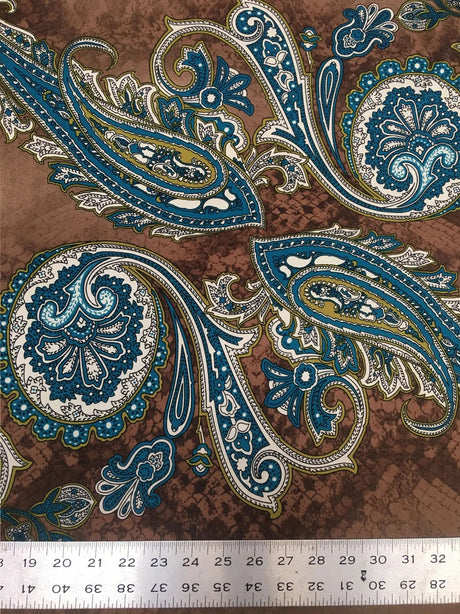 Polyester ITY Matte Jersey Spandex Fabric - Big Paisley Design, Brown, Purple, 58" Width