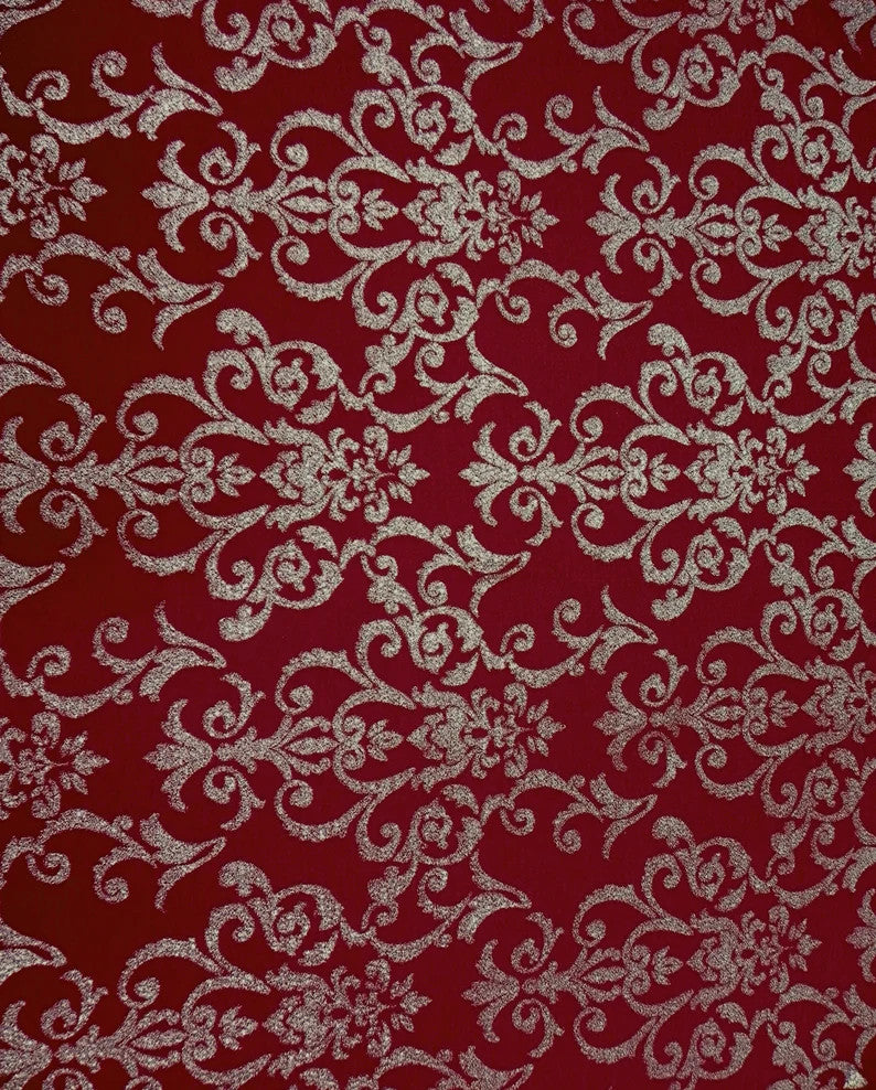 Polyester Spandex Fukuro Jacquard Fabric - Damask Design, Foil, 58" To 60" Width