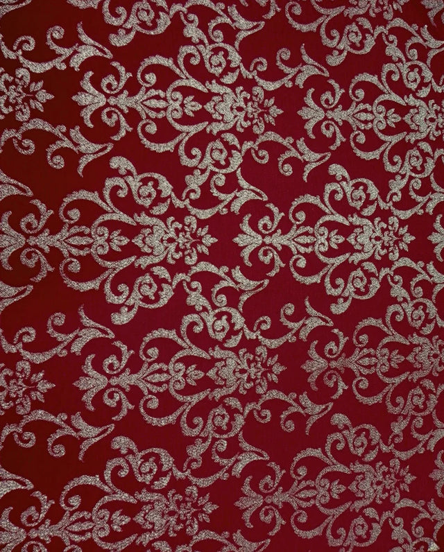 Polyester Spandex Fukuro Jacquard Fabric - Damask Design, Foil, 58" To 60" Width