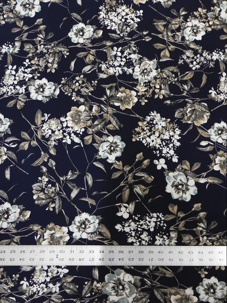 Vintage Floral Design Polyester Bulgari Spandex Fabric - Navy Floral Print, 58"-60" Width