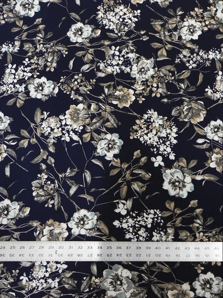 Vintage Floral Design Polyester Bulgari Spandex Fabric - Navy Floral Print, 58"-60" Width