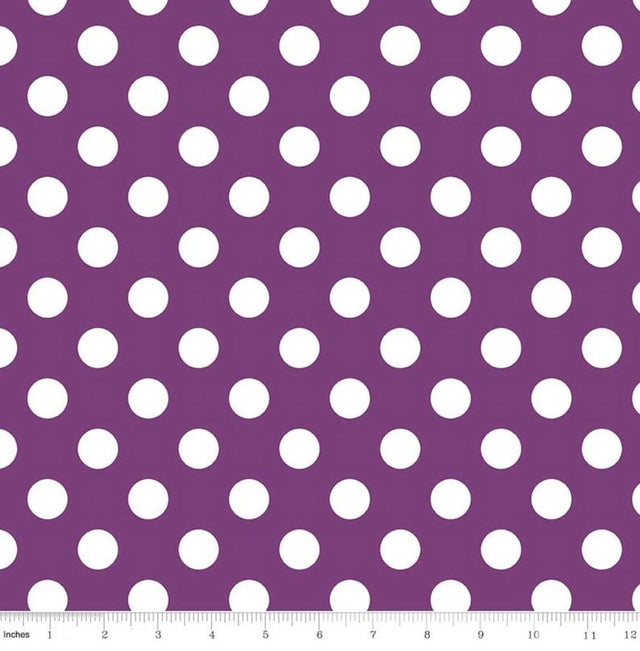 1″ One Inch White Polka Dot on Purple Poly Cotton Fabric,