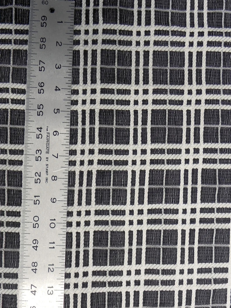 Polyester Spandex Double Knit Fabric - Black And Ivory Plaid Design, 56" Width