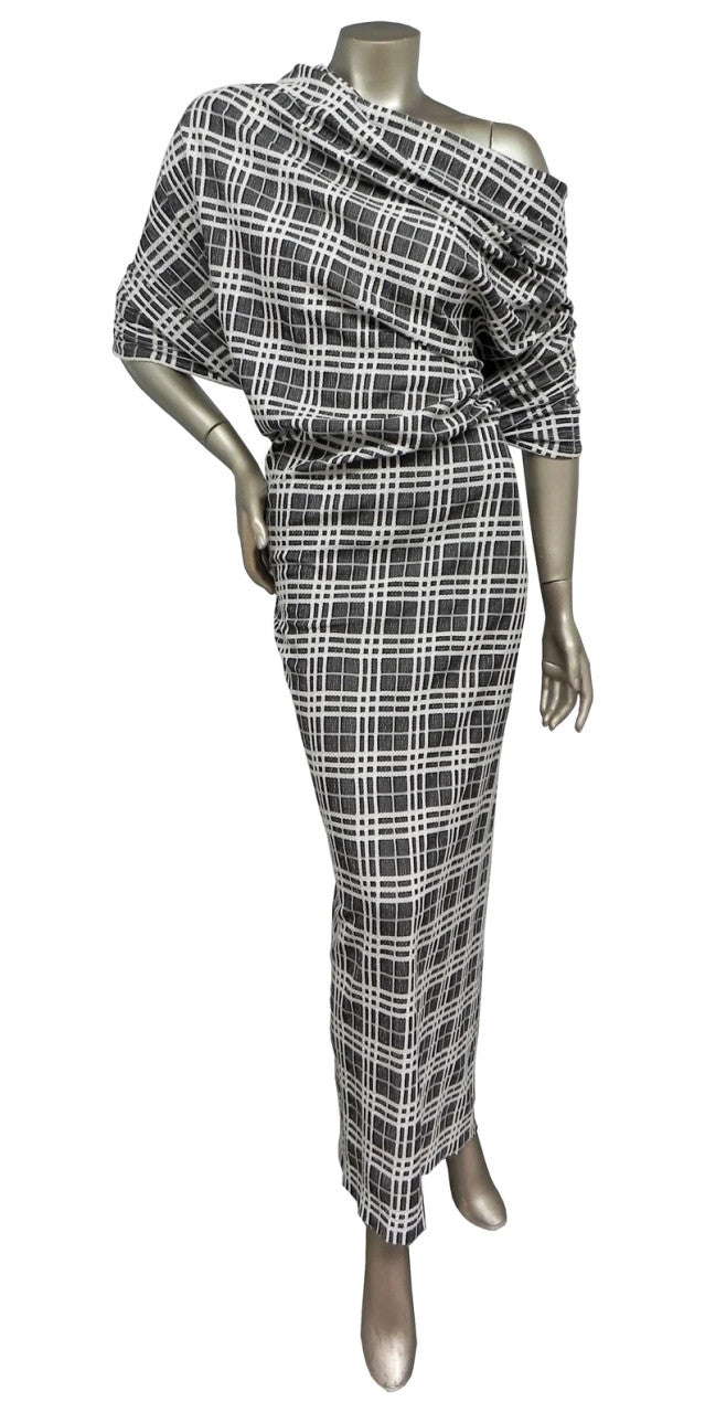 Polyester Spandex Double Knit Fabric - Black And Ivory Plaid Design, 56" Width