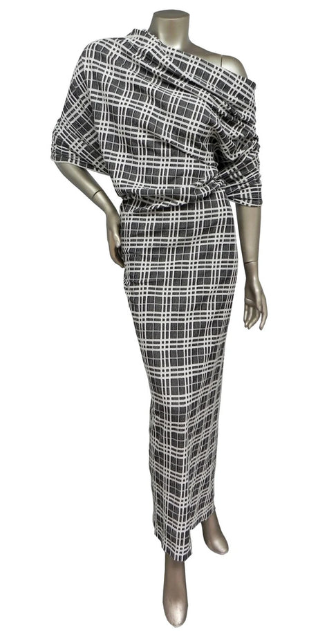 Polyester Spandex Double Knit Fabric - Black And Ivory Plaid Design, 56" Width