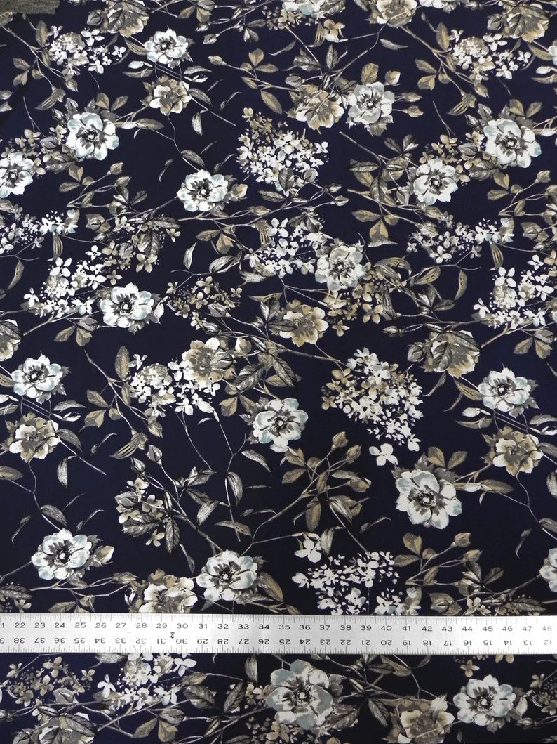 Vintage Floral Design Polyester Bulgari Spandex Fabric - Navy Floral Print, 58"-60" Width