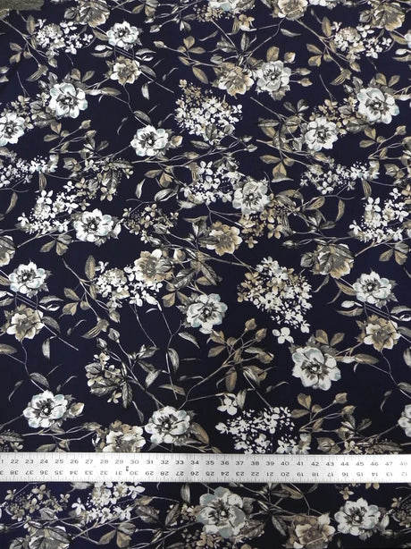 Vintage Floral Design Polyester Bulgari Spandex Fabric - Navy Floral Print, 58"-60" Width