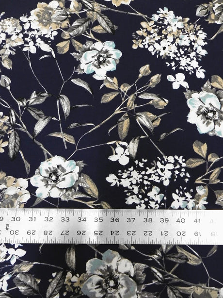 Vintage Floral Design Polyester Bulgari Spandex Fabric - Navy Floral Print, 58"-60" Width