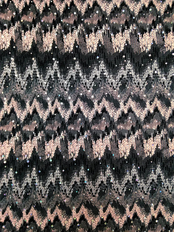 Ikat Zigzag Pattern Polyester Fabric - Holographic Faux Sequins, Stretch Bodre Mini Pleat, 57" To 58" Width