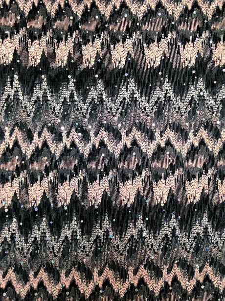 Ikat Zigzag Pattern Polyester Fabric - Holographic Faux Sequins, Stretch Bodre Mini Pleat, 57" To 58" Width