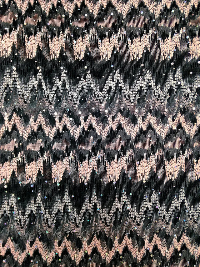 Ikat Zigzag Pattern Polyester Fabric - Holographic Faux Sequins, Stretch Bodre Mini Pleat, 57" To 58" Width