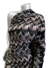 Ikat Zigzag Pattern Polyester Fabric - Holographic Faux Sequins, Stretch Bodre Mini Pleat, 57" To 58" Width