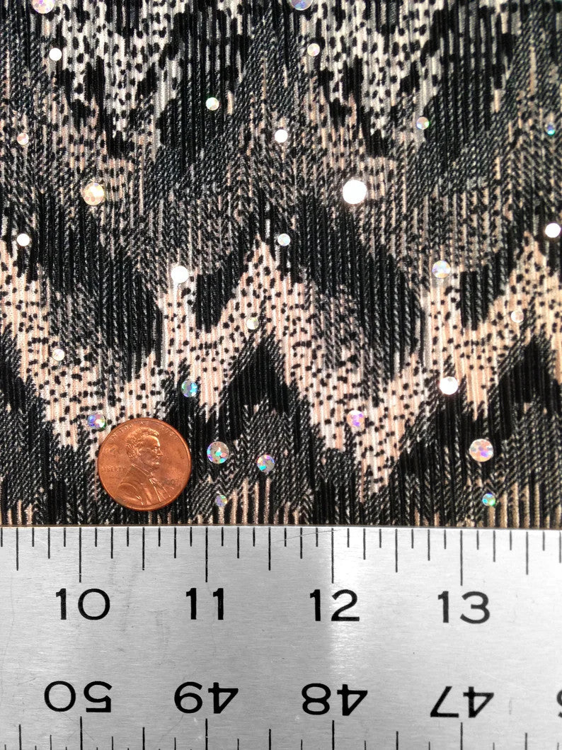 Ikat Zigzag Pattern Polyester Fabric - Holographic Faux Sequins, Stretch Bodre Mini Pleat, 57" To 58" Width