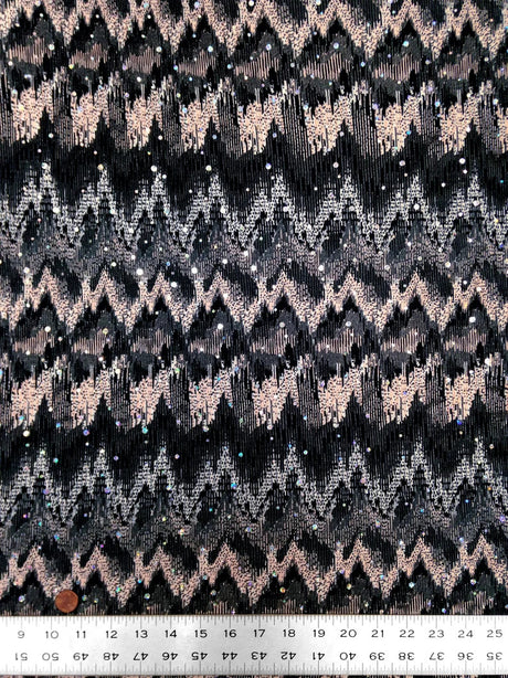 Ikat Zigzag Pattern Polyester Fabric - Holographic Faux Sequins, Stretch Bodre Mini Pleat, 57" To 58" Width