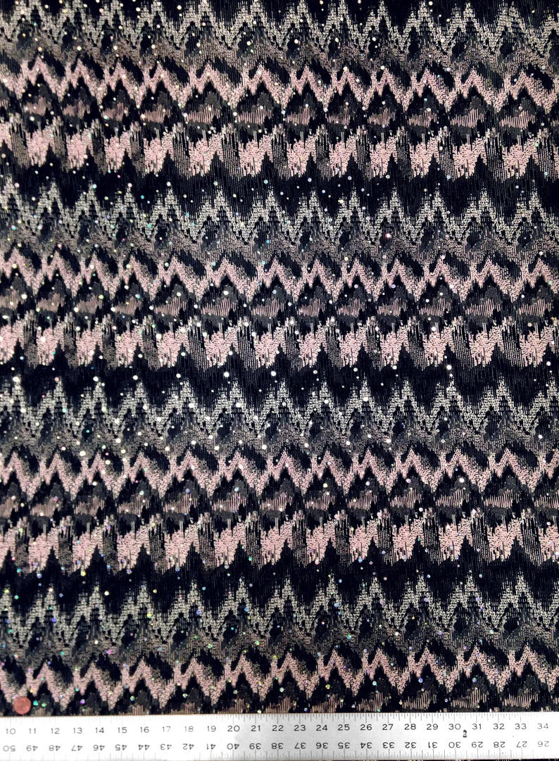 Ikat Zigzag Pattern Polyester Fabric - Holographic Faux Sequins, Stretch Bodre Mini Pleat, 57" To 58" Width