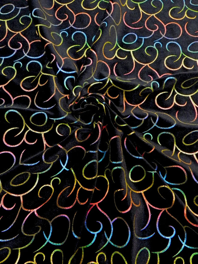 Polyester Spandex Velvet Fabric - Multi Foil Hologram Effect Swirl Design, 58 To 60 Inches Wide