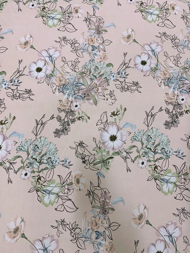 Vintage Floral Design Polyester Bulgari Spandex Fabric - Floral Print, 58"-60" Width