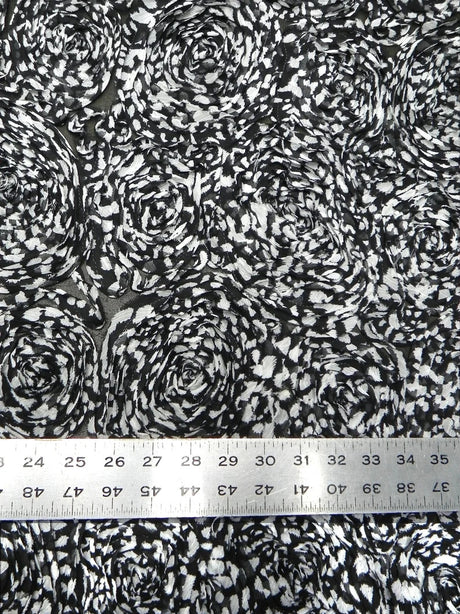 Polyester Textured Chiffon Fabric - Animal Print Large Rosettes On Black Non-Stretch Mesh, Silver, Brown, 50" Width