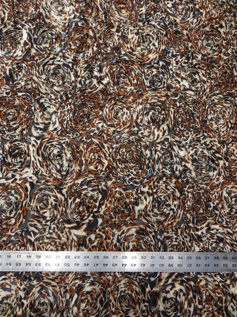 Polyester Textured Chiffon Fabric - Animal Print Large Rosettes On Black Non-Stretch Mesh, Silver, Brown, 50" Width