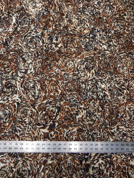 Polyester Textured Chiffon Fabric - Animal Print Large Rosettes On Black Non-Stretch Mesh, Silver, Brown, 50" Width