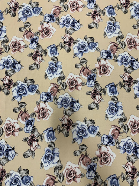 Antique Floral Design Polyester Bulgari Spandex Fabric - Floral Print, Light-Medium Weight, 58"-60" Width
