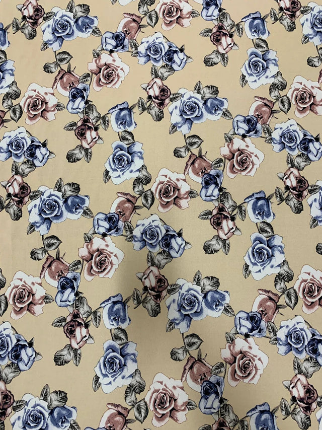 Antique Floral Design Polyester Bulgari Spandex Fabric - Floral Print, Light-Medium Weight, 58"-60" Width