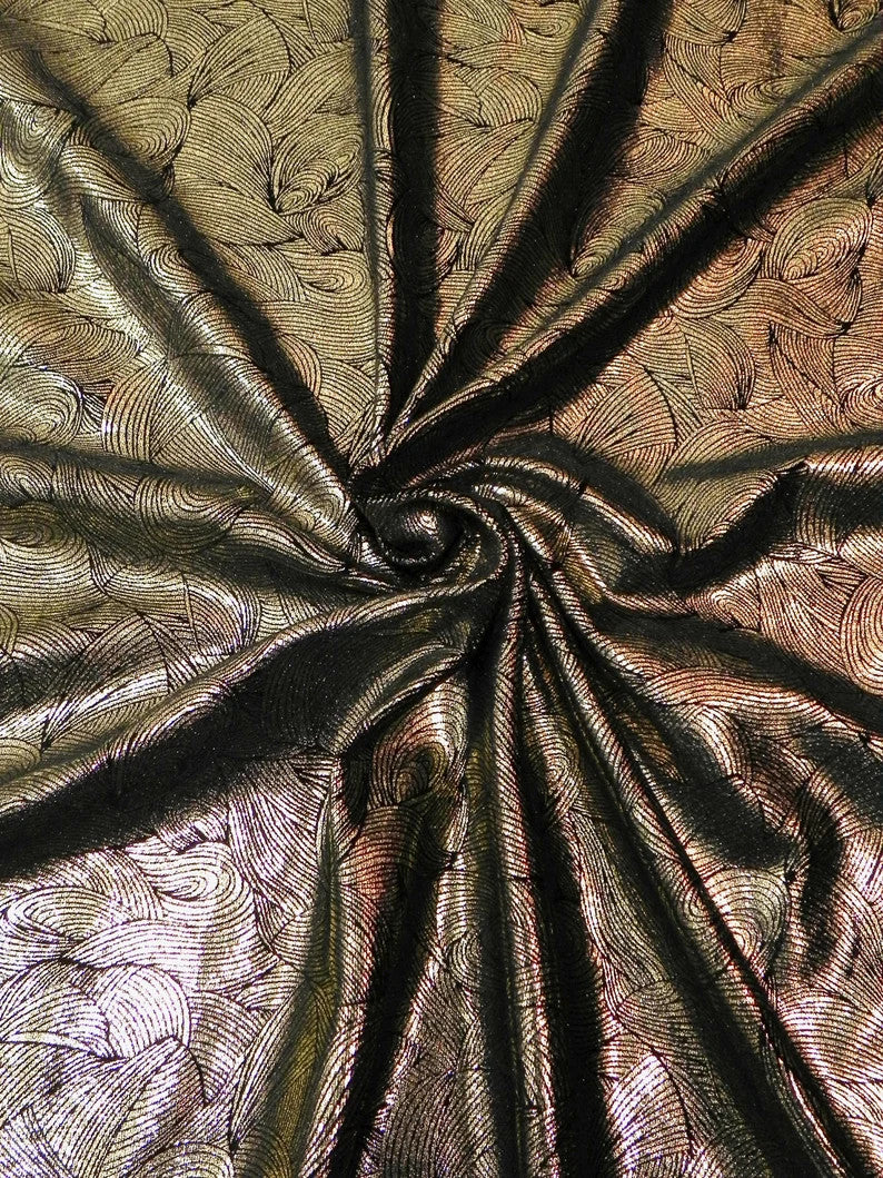Polyester Spandex Velvet Fabric - Foil Abstract Design, Dark Gold, Dark Silver, 58" To 60" Width