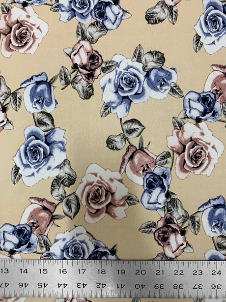 Antique Floral Design Polyester Bulgari Spandex Fabric - Floral Print, Light-Medium Weight, 58"-60" Width