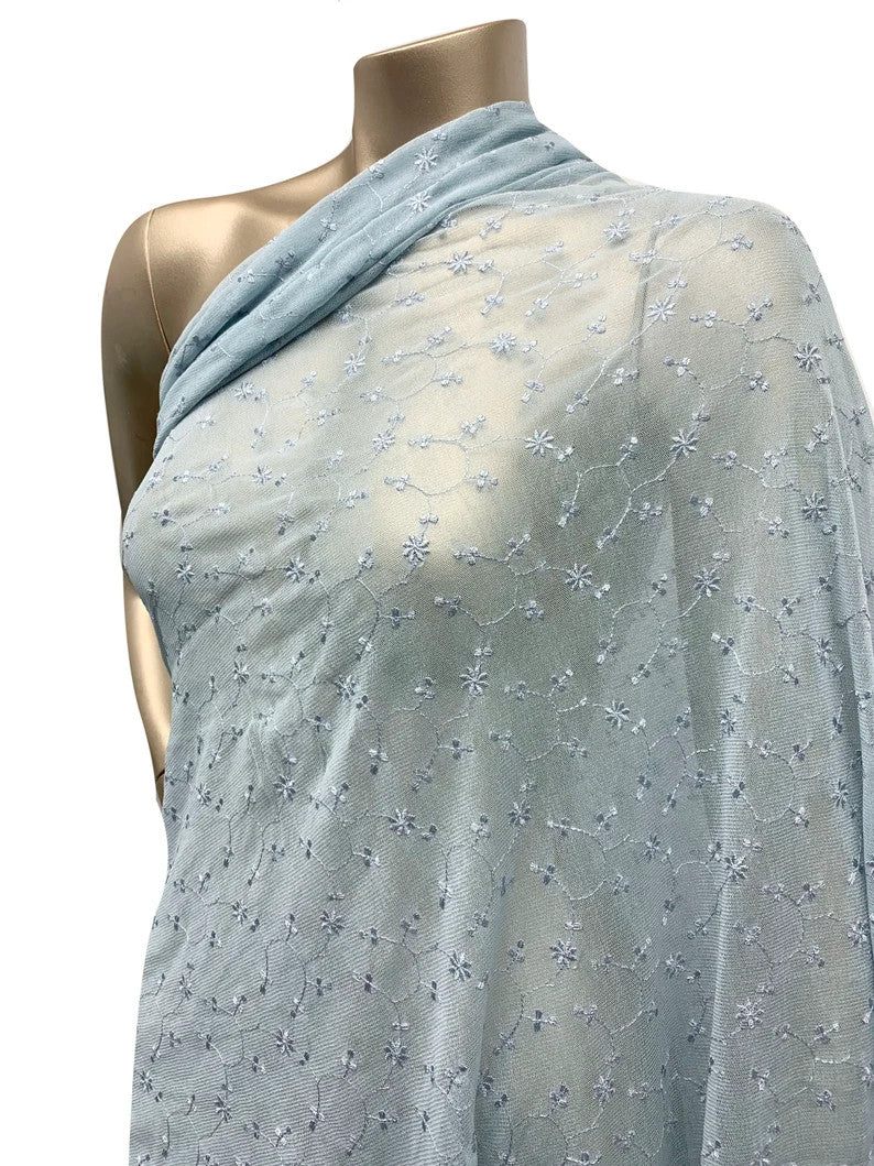 Vintage Floral Embroidered Design Polyester Spandex Mesh Fabric - Floral Embroidery, See-Through, 60" Width
