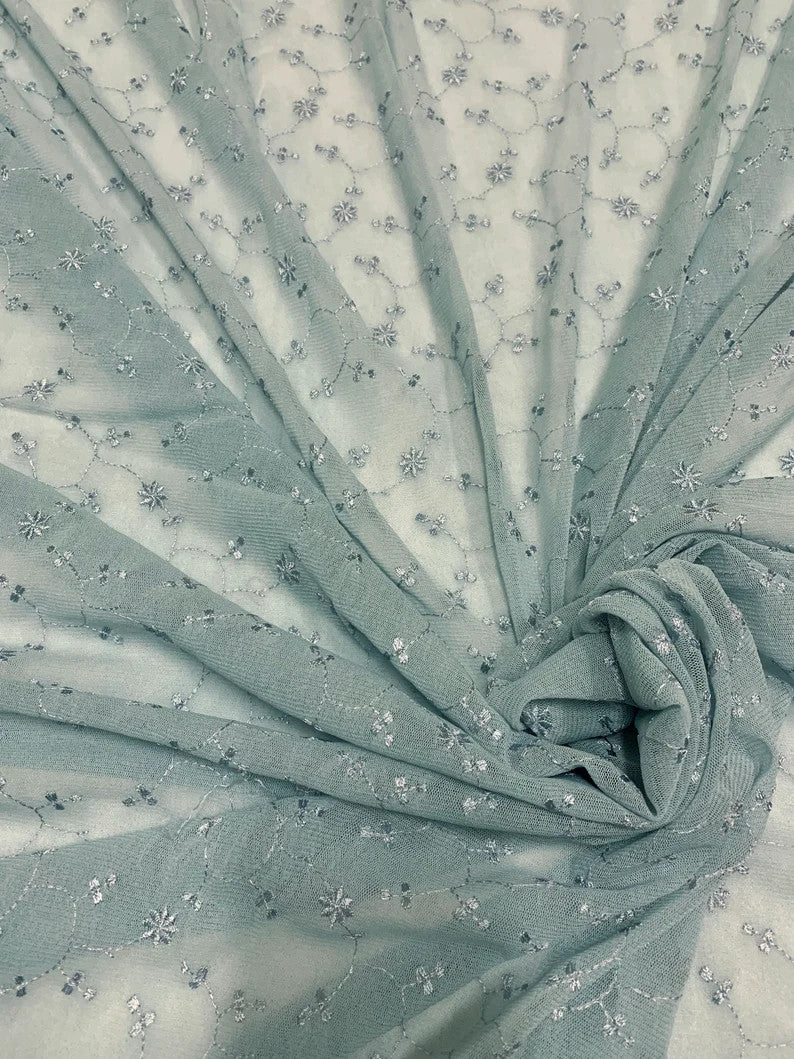 Vintage Floral Embroidered Design Polyester Spandex Mesh Fabric - Floral Embroidery, See-Through, 60" Width