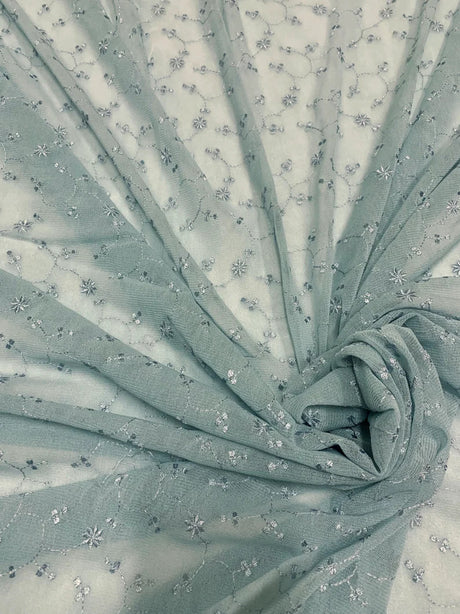 Vintage Floral Embroidered Design Polyester Spandex Mesh Fabric - Floral Embroidery, See-Through, 60" Width