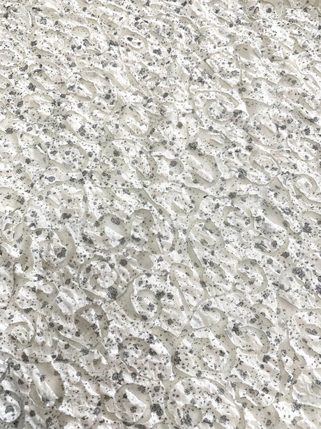 Ivory Double Knit Swirl Pattern Polyester Spandex Fabric - Shiny Silver Foil, Ivory, 56" Width