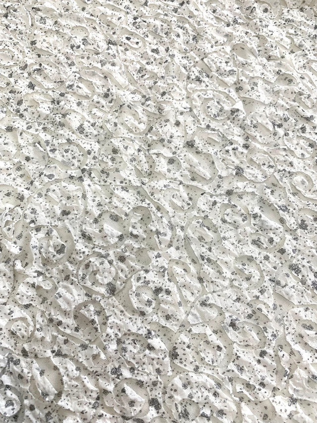 Ivory Double Knit Swirl Pattern Polyester Spandex Fabric - Shiny Silver Foil, Ivory, 56" Width