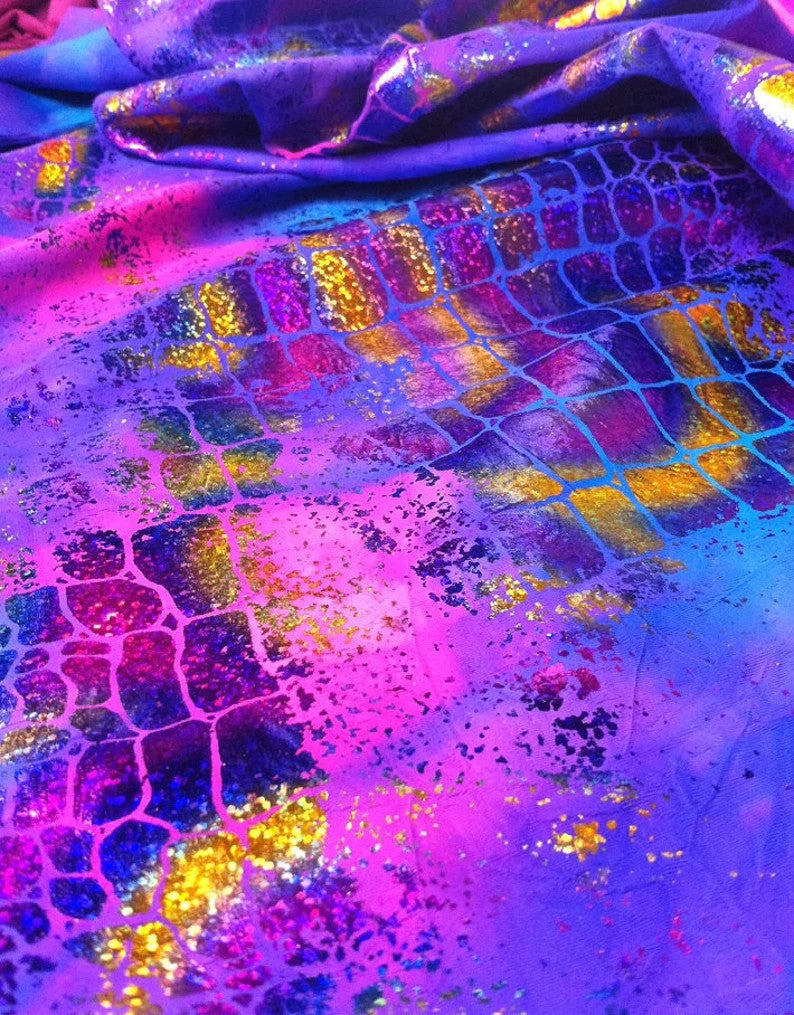 Holographic Shiny Foil Big Reptile Tie Dye Pattern Nylon Spandex Fabric - Green, Purple, Orange, 58"- 60" Wide