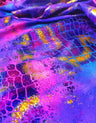 Holographic Shiny Foil Big Reptile Tie Dye Pattern Nylon Spandex Fabric - Green, Purple, Orange, 58"- 60" Wide